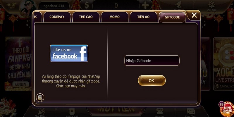 Thực hiện nạp giftcode và xác nhận trên hệ thống Nhất Vip